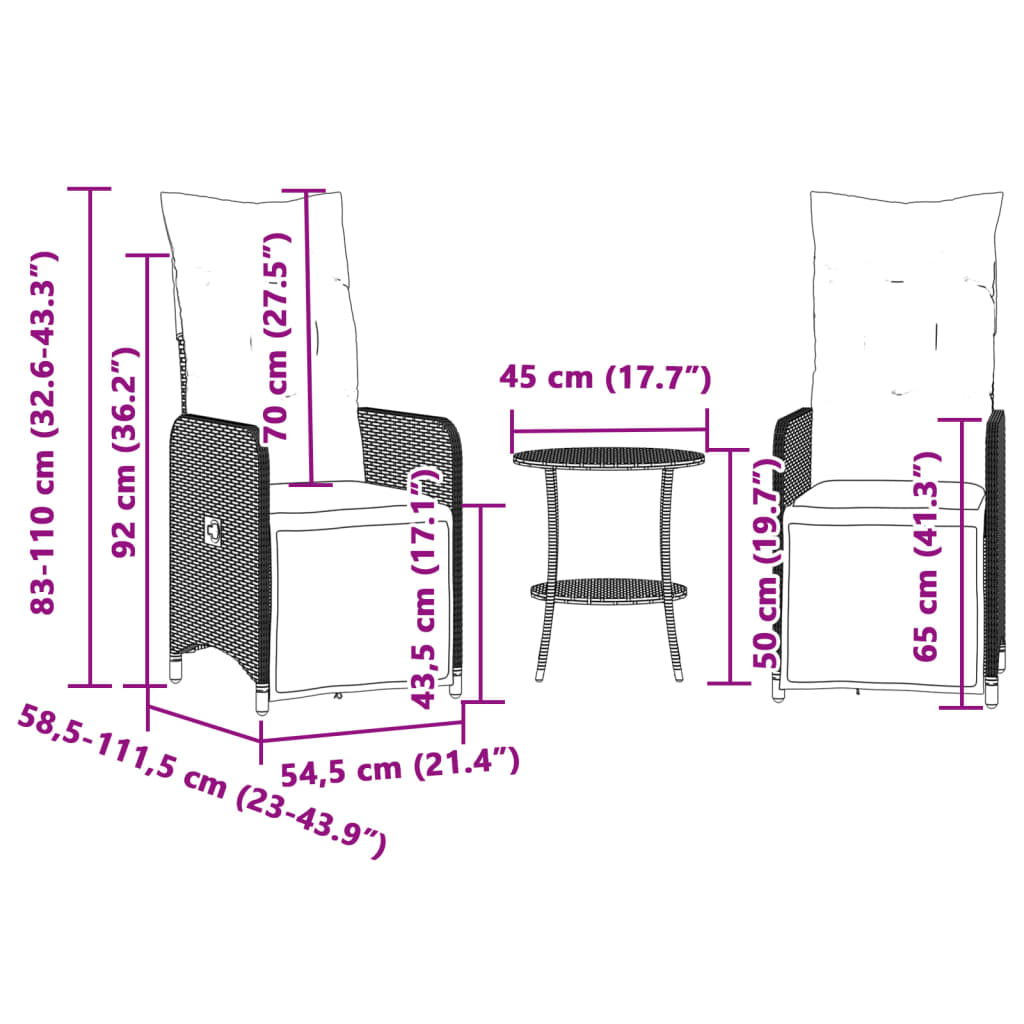 vidaXL Tuinstoelen 2 st verstelbaar met tafel poly rattan zwart