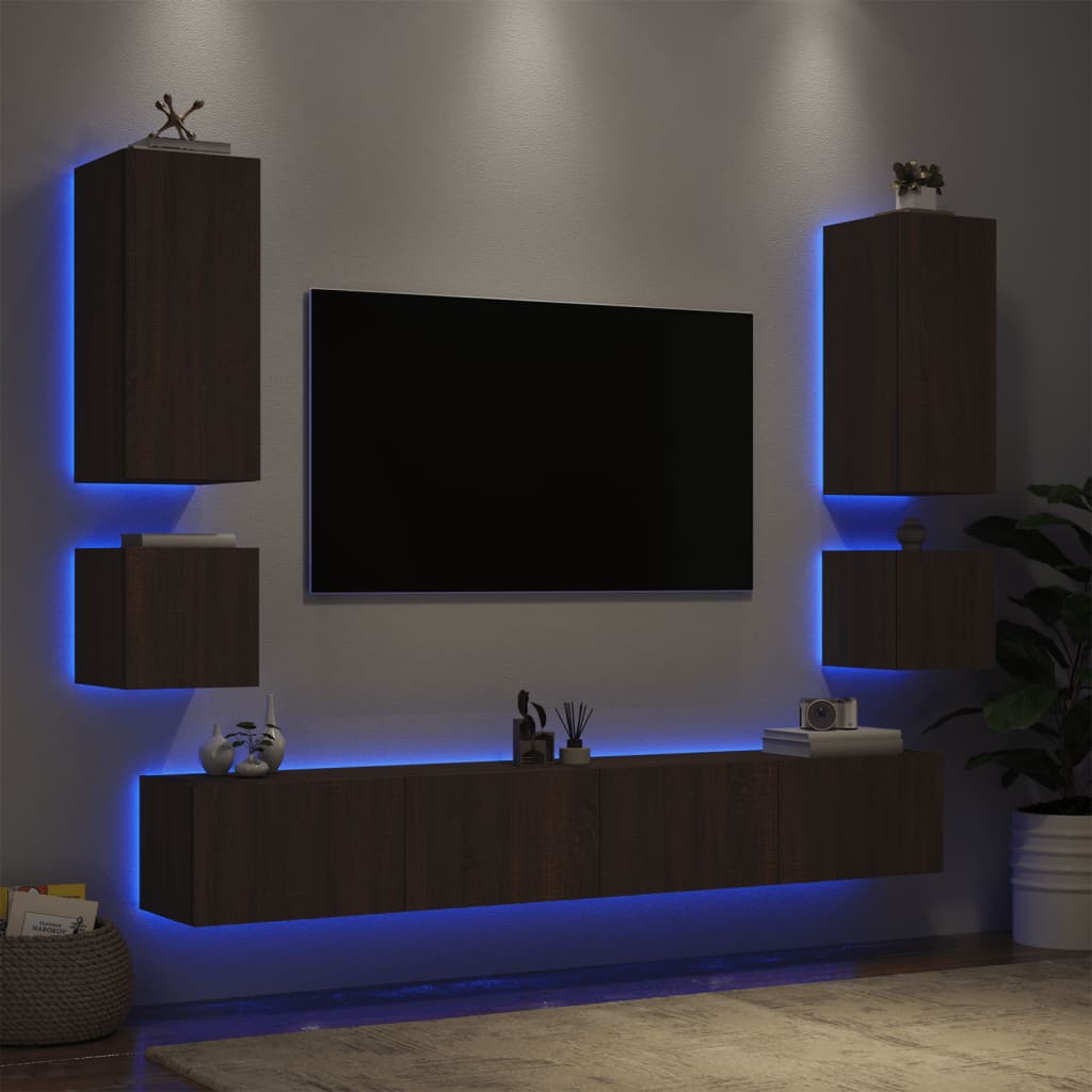 vidaXL 6-delige tv-wandmeubelset met LED-verlichting bruineikenkleurig