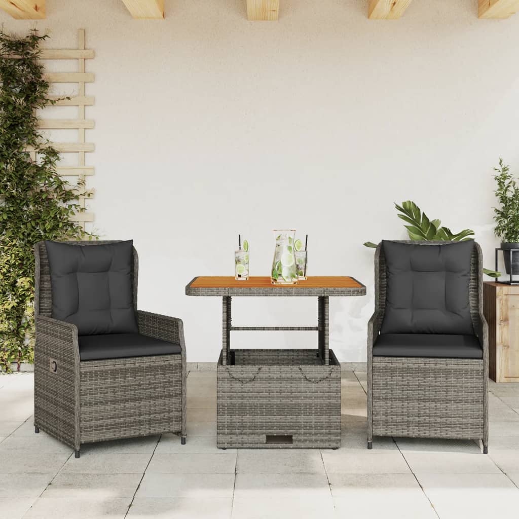 vidaXL 3-delige Bistroset met kussens poly rattan grijs