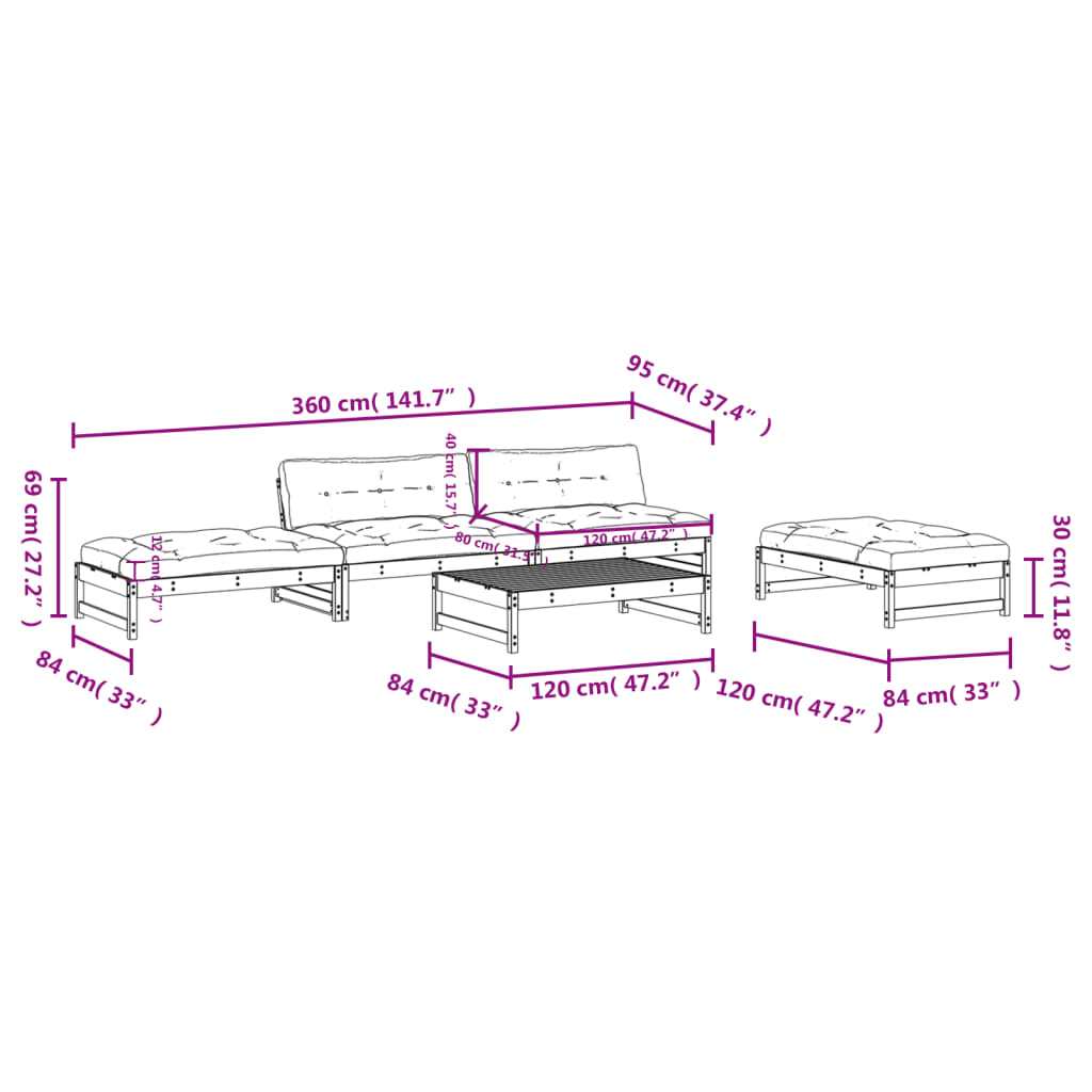 vidaXL 5-delige Loungeset met kussens massief hout zwart