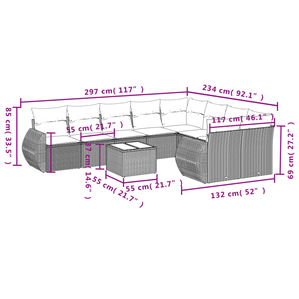 vidaXL 10-delige Loungeset met kussens poly rattan zwart