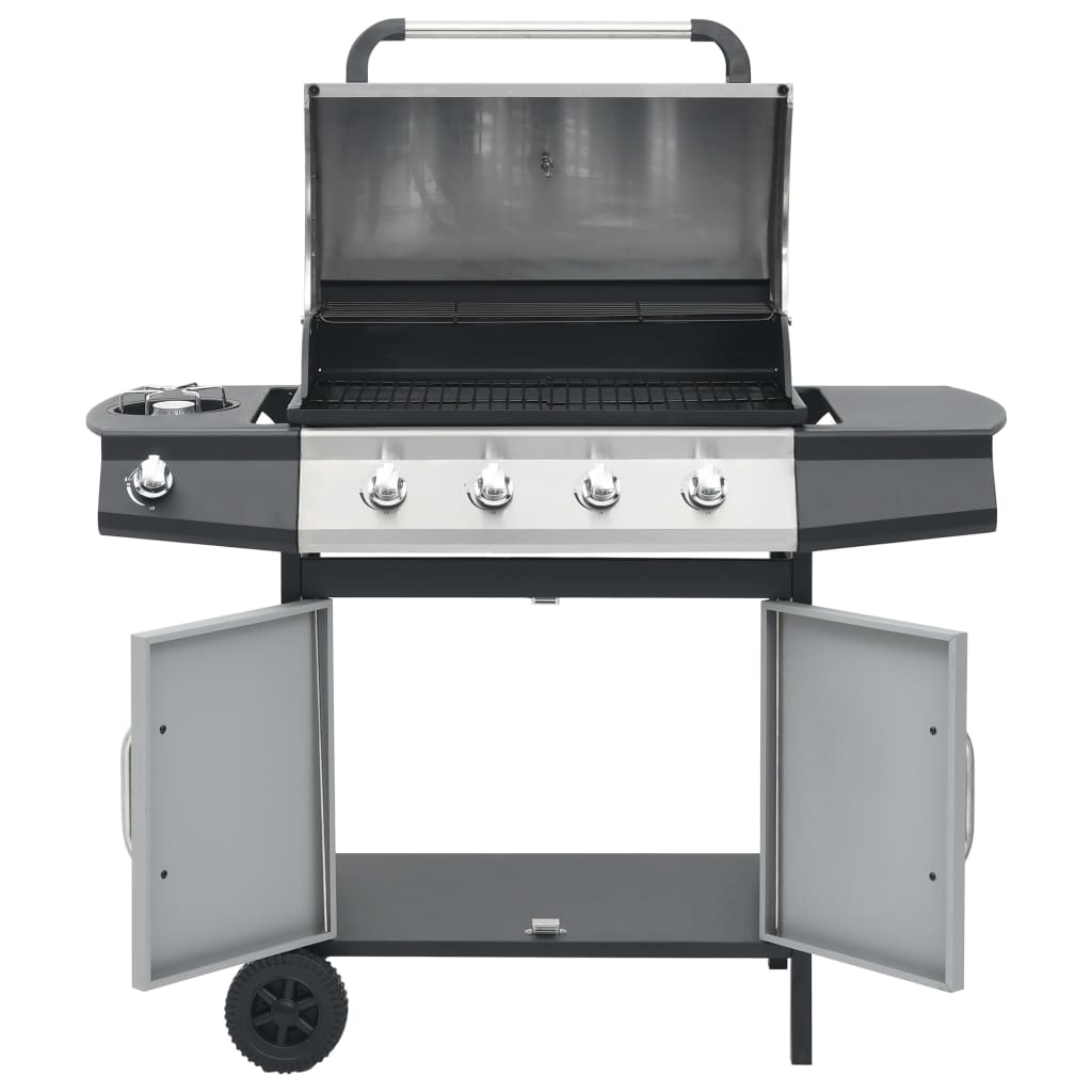 vidaXL Gasbarbecue 4+1 kookzone stoel en roestvrij staal zwart zilver