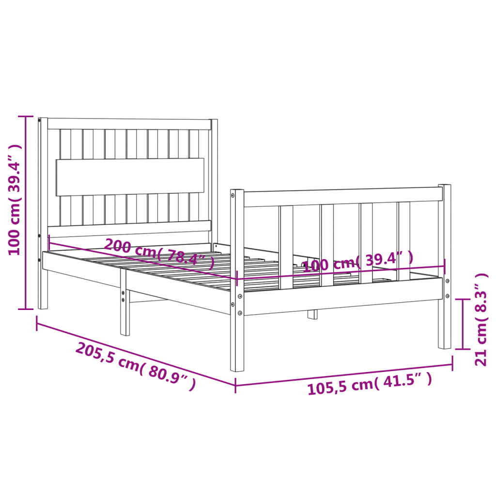 vidaXL Bedframe met hoofdbord massief hout 100x200 cm