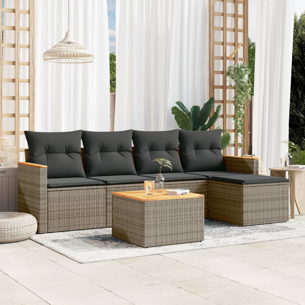 vidaXL 6-delige Loungeset met kussens poly rattan grijs