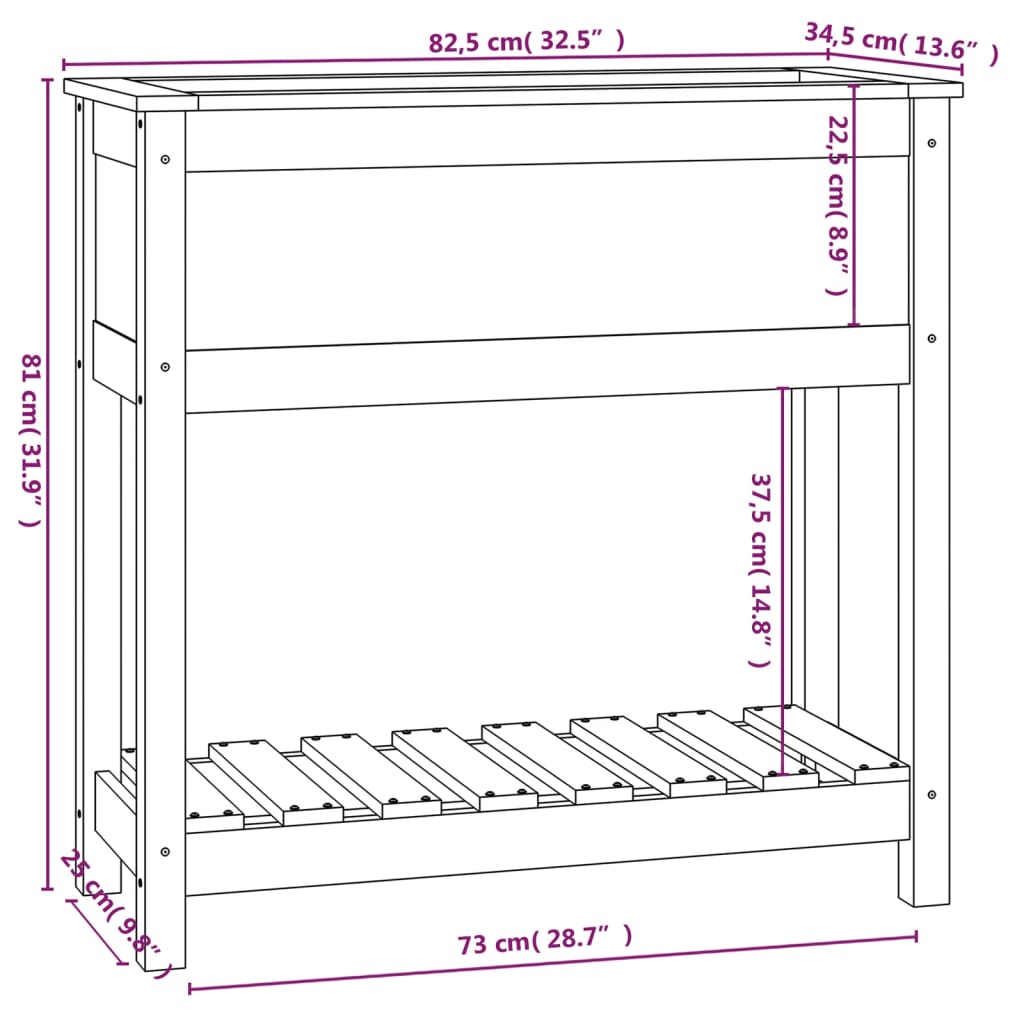 vidaXL Plantenbak met schap 82,5x34,5x81 cm massief grenenhout zwart