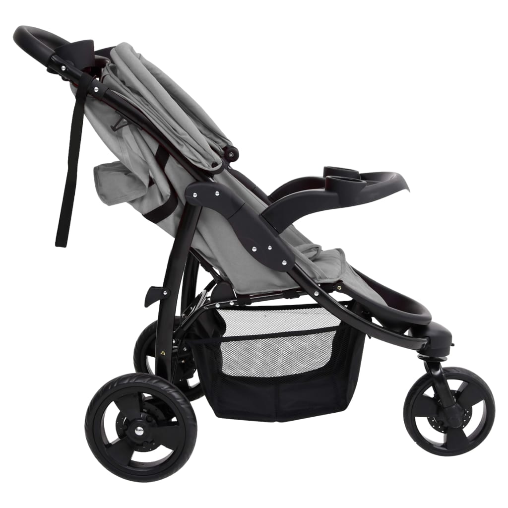 vidaXL Kinderwagen met 3 wielen staal lichtgrijs en zwart