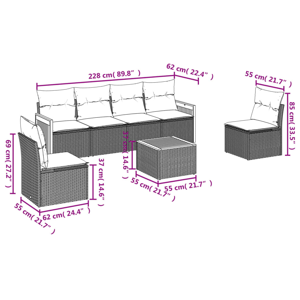 vidaXL 7-delige Loungeset met kussens poly rattan beige