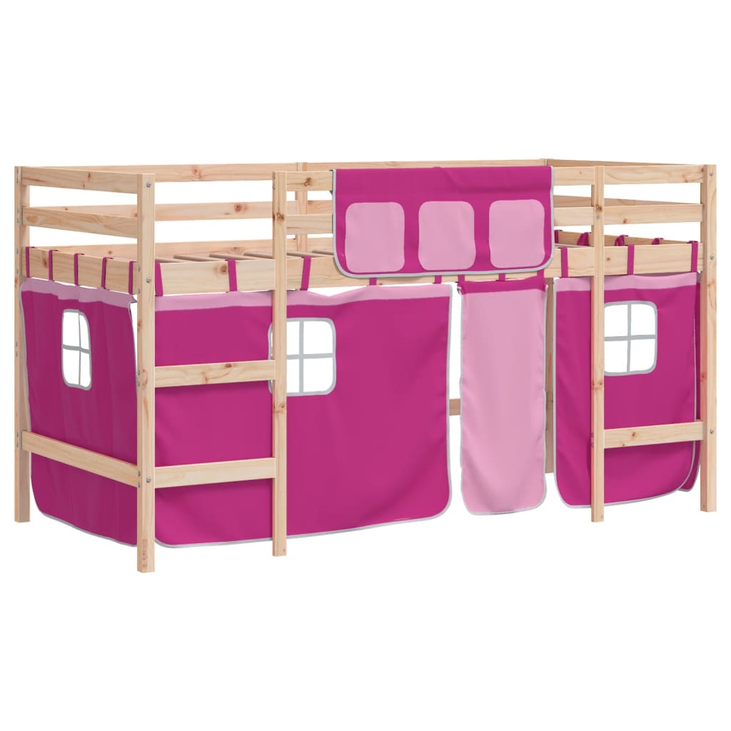 vidaXL Kinderhoogslaper met gordijnen 90x200 cm grenenhout roze