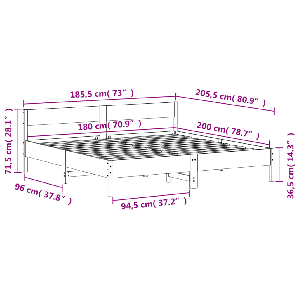 vidaXL Bedframe met hoofdbord massief grenenhout wit 180x200 cm