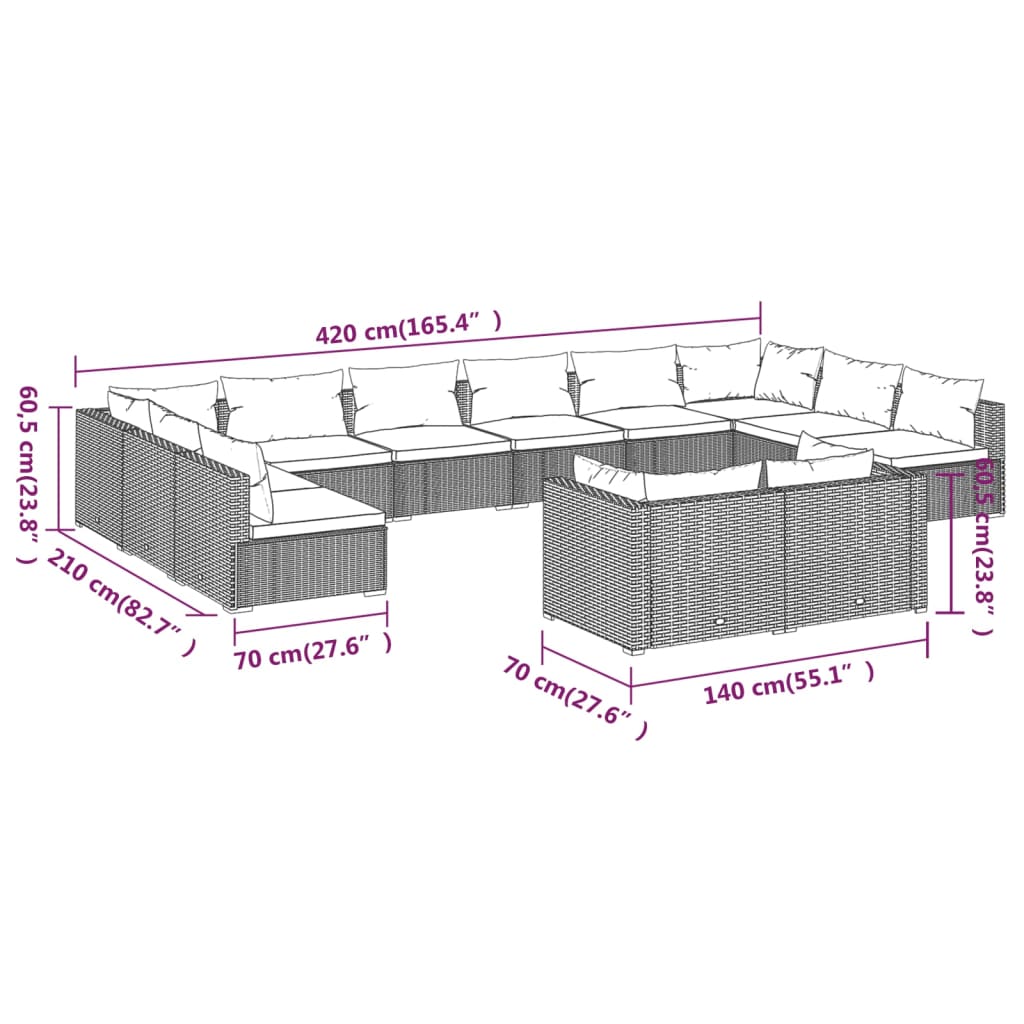 vidaXL 12-delige Loungeset met kussens poly rattan bruin