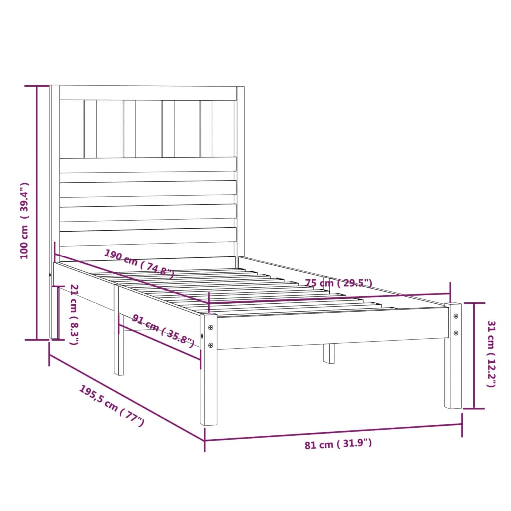 vidaXL Bedframe zonder matras massief grenenhout wit 75x190 cm