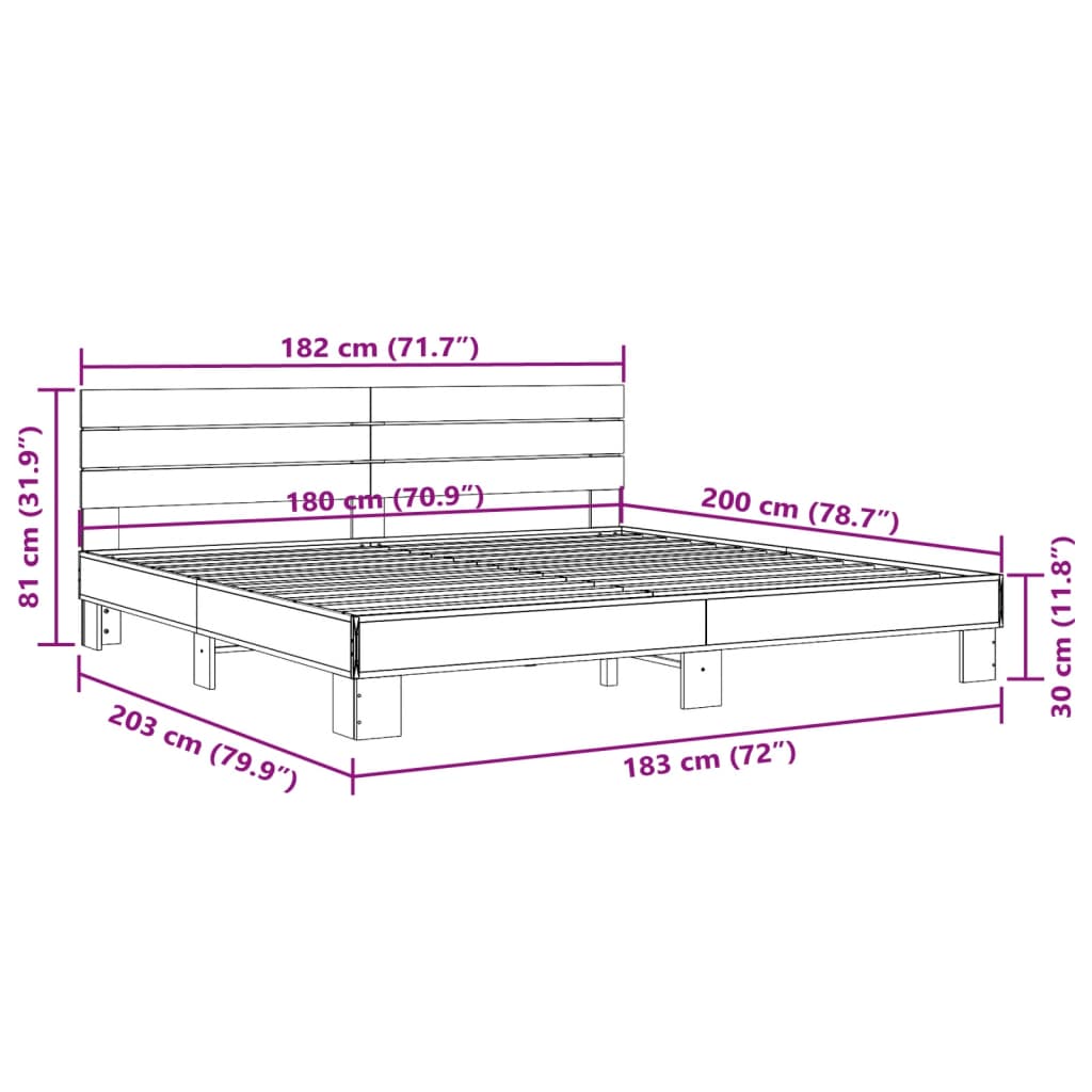 vidaXL Bedframe bewerkt hout metaal gerookt eikenkleurig 180x200 cm