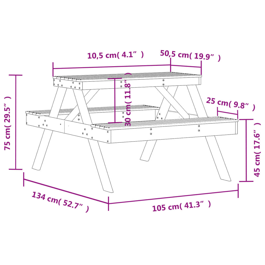 vidaXL Picknicktafel 105x134x75 cm massief douglashout