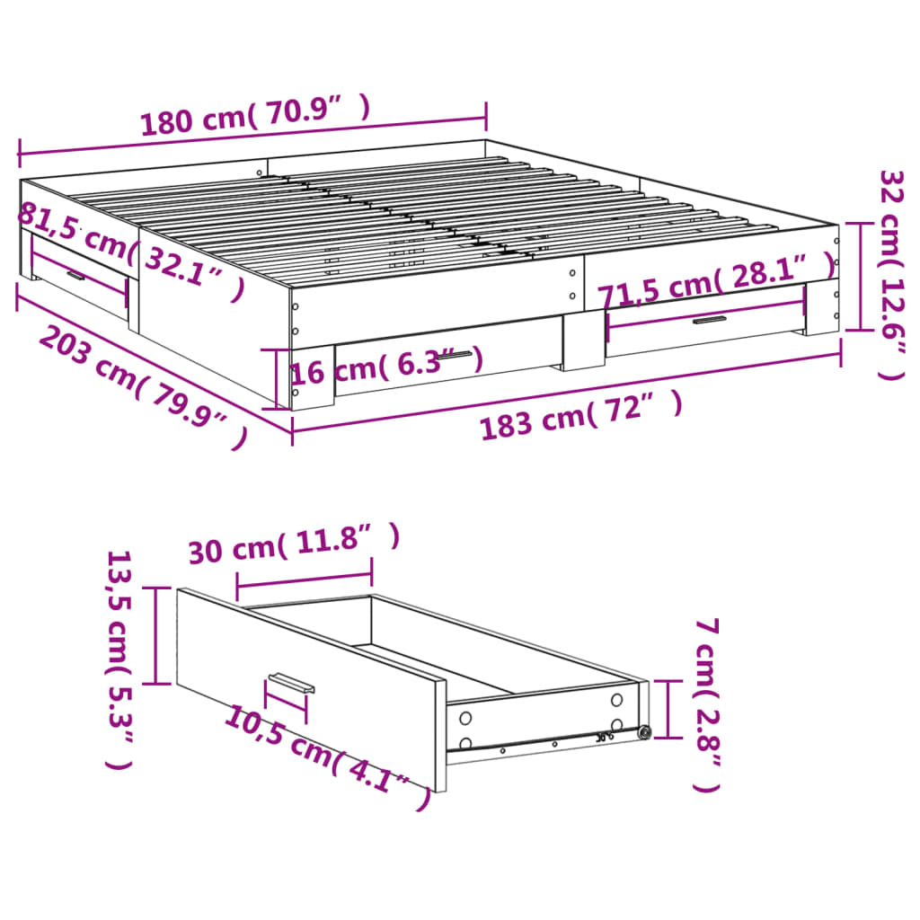 vidaXL Bedframe met lades bewerkt hout sonoma eikenkleurig 180x200 cm