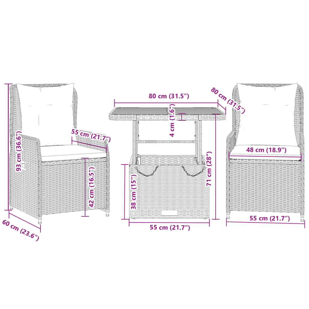 vidaXL 3-delige Bistroset met kussens poly rattan grijs