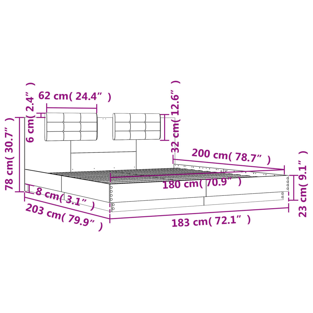 vidaXL Bedframe met hoofdeinde bewerkt hout sonoma eiken 180x200 cm