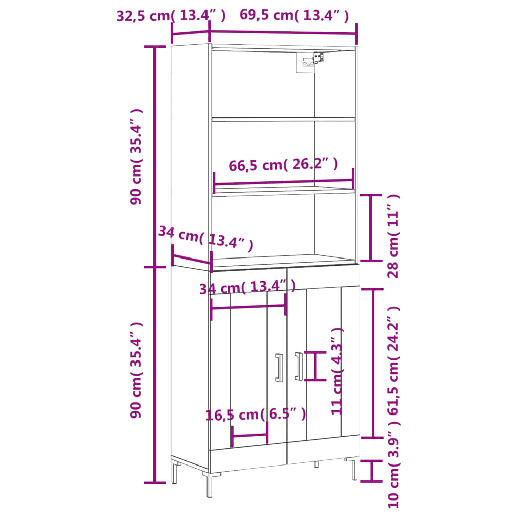 vidaXL Hoge kast 69,5x34x180 cm bewerkt hout gerookt eikenkleurig