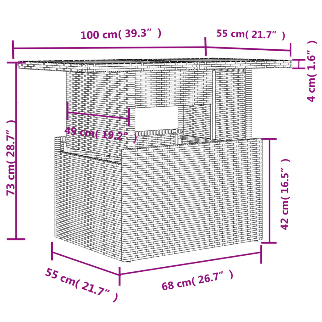 vidaXL Tuintafel met glazen blad 100x55x73 cm poly rattan grijs