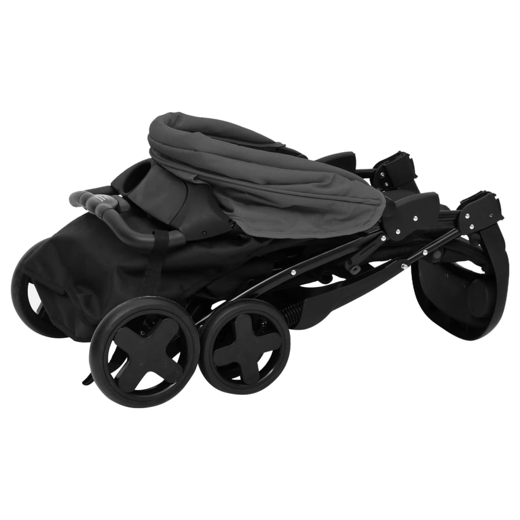 vidaXL Kinderwagen 3-in-1 staal donkergrijs en zwart
