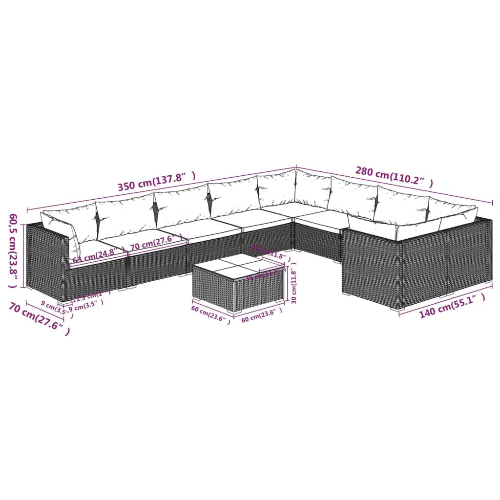 vidaXL 10-delige Loungeset met kussens poly rattan zwart