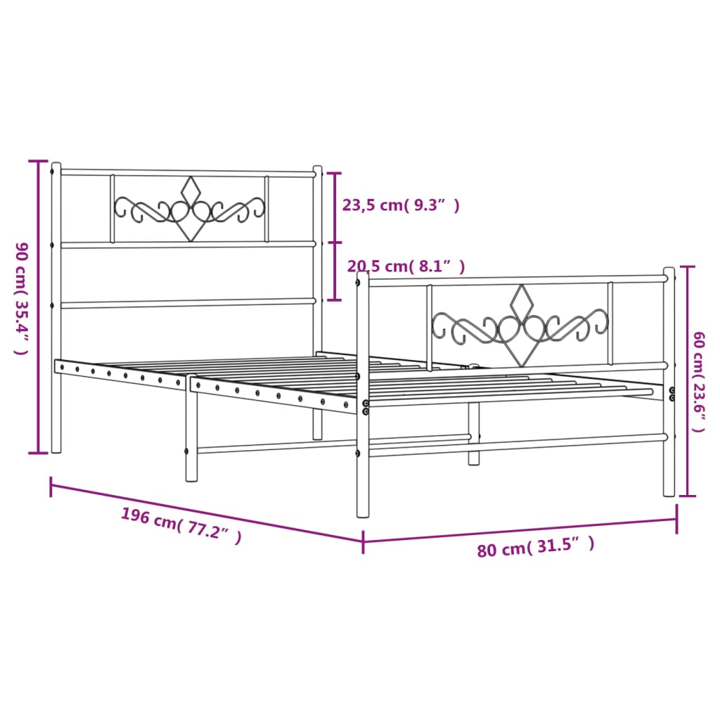 vidaXL Bedframe met hoofd- en voeteneinde metaal wit 75x190 cm