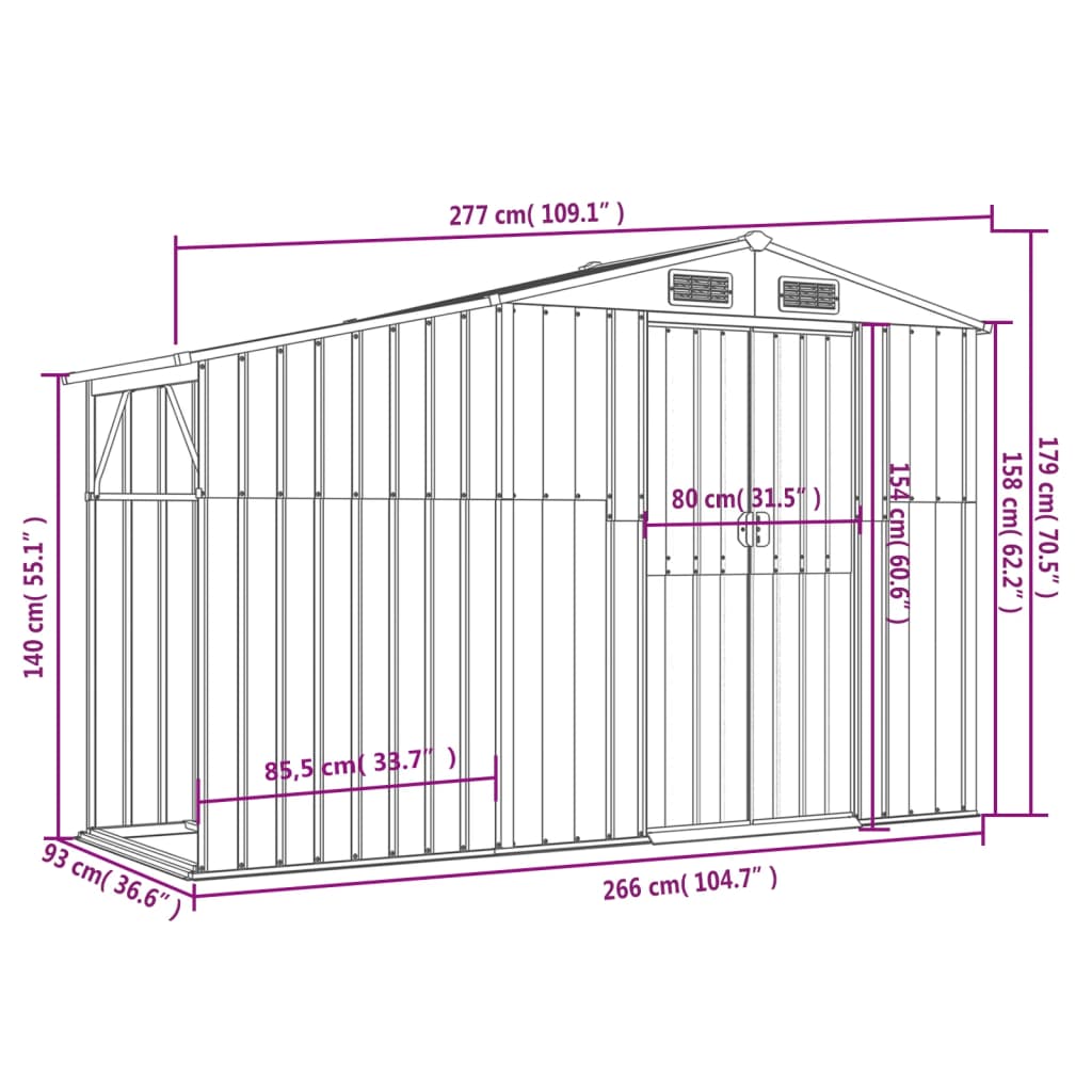 vidaXL Tuinschuur 277x93x179 cm gegalvaniseerd staal bruin