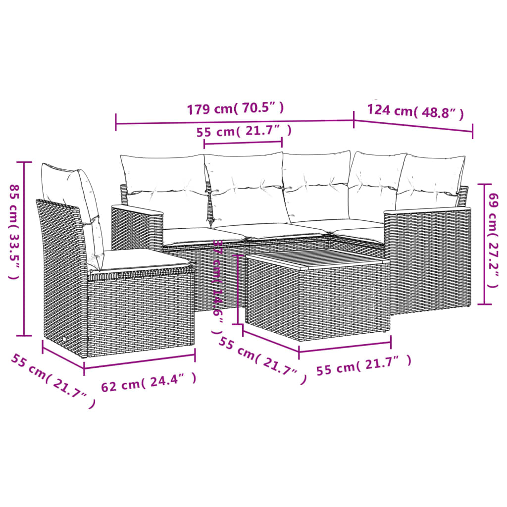 vidaXL 6-delige Loungeset met kussens poly rattan beige