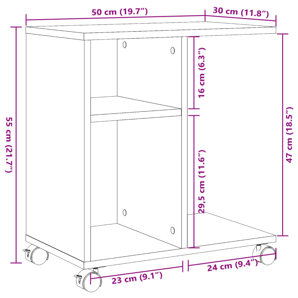 vidaXL Bijzettafel met wielen 50x30x55 cm bewerkt hout betongrijs