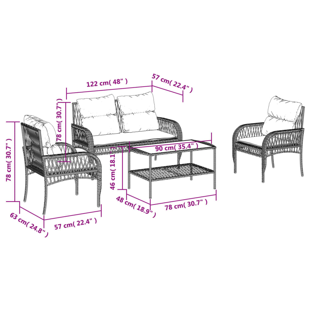 vidaXL 4-delige Loungeset met kussens poly rattan beige