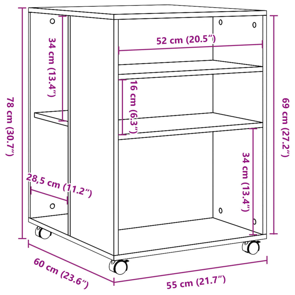 vidaXL Bijzettafel met wieltjes 55x60x78 cm bewerkt hout betongrijs