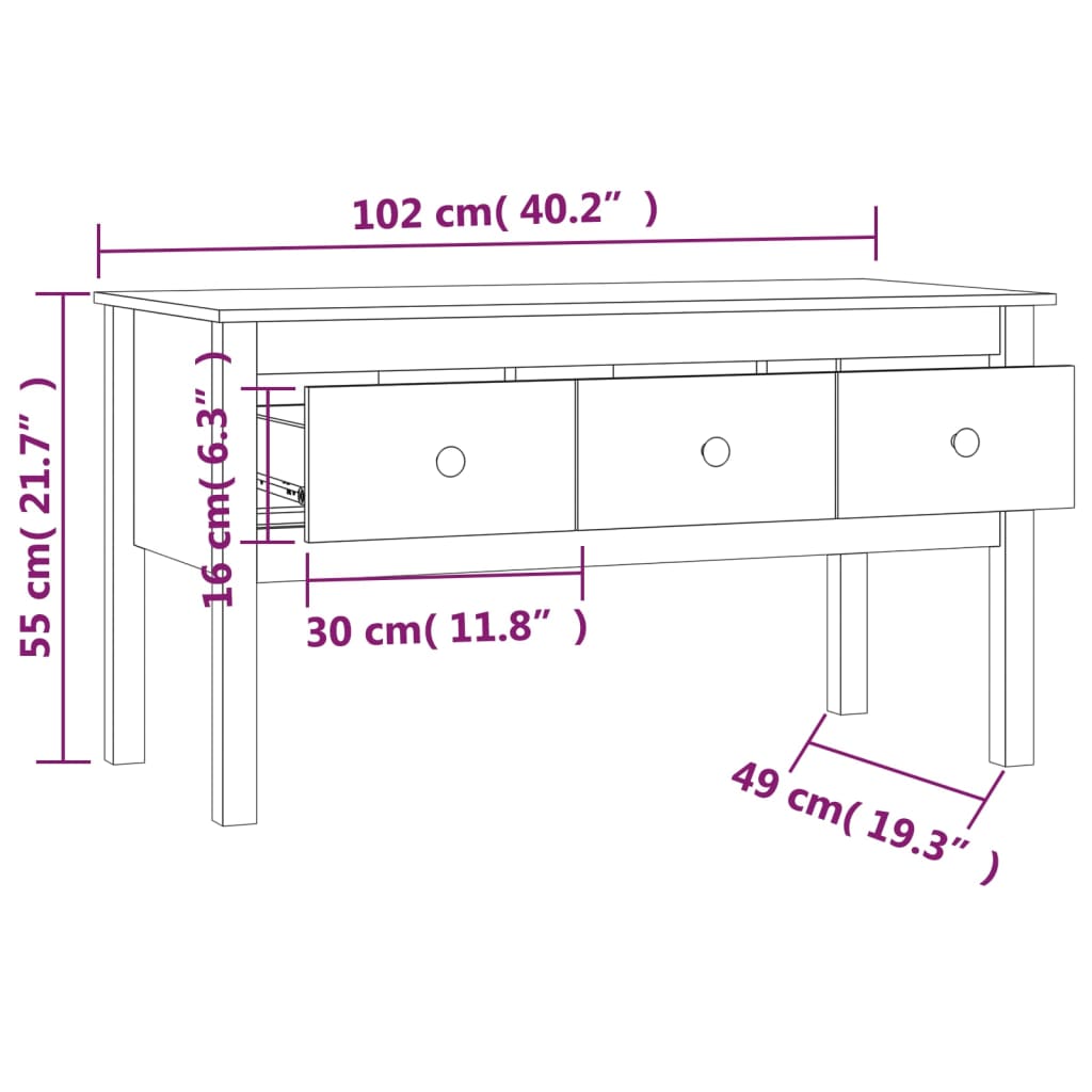 vidaXL Salontafel 102x49x55 cm massief grenenhout honingbruin