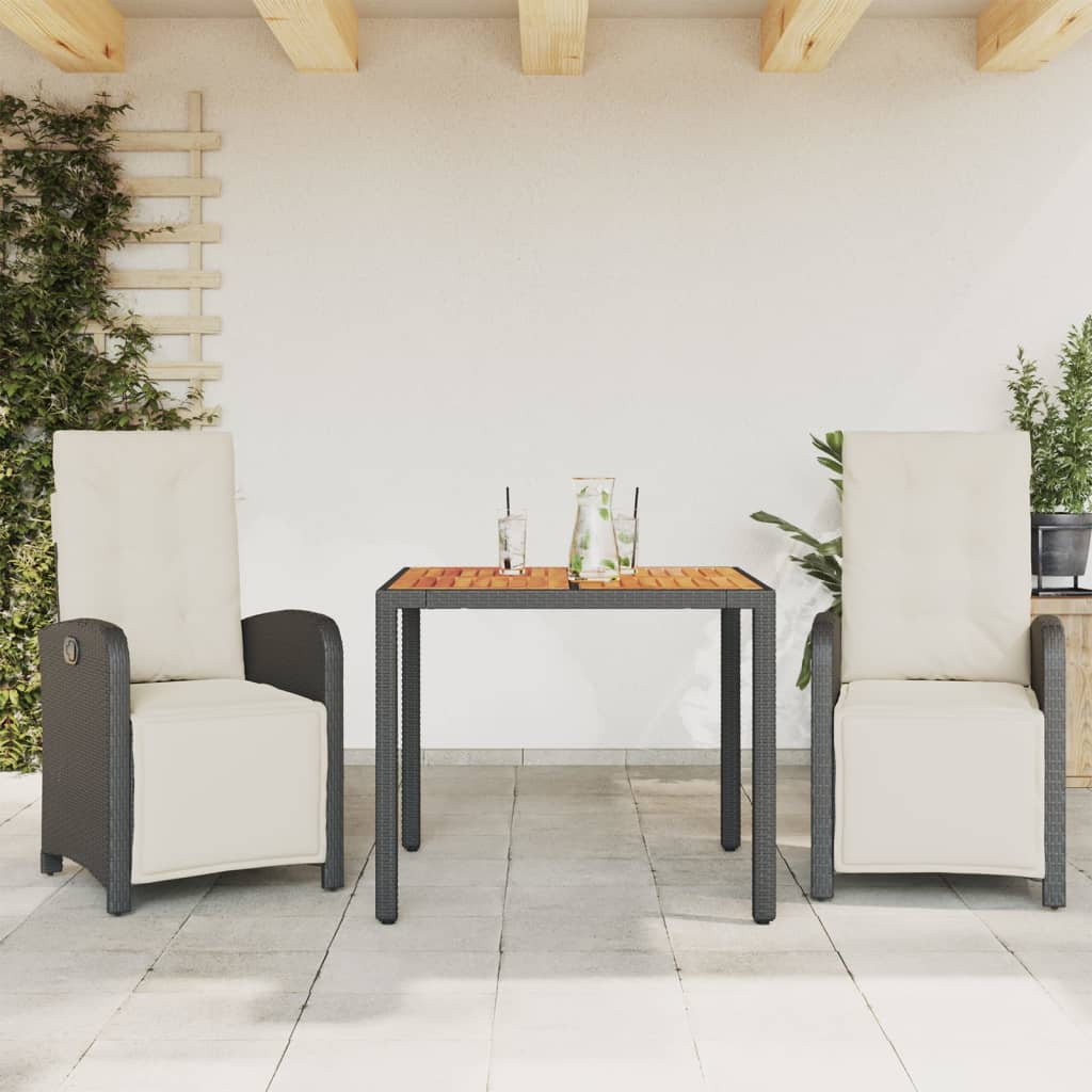 vidaXL 3-delige Bistroset met kussens poly rattan zwart