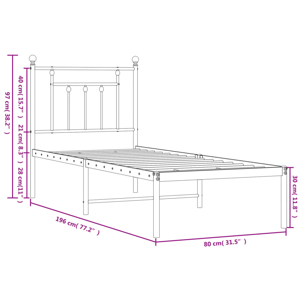 vidaXL Bedframe met hoofdbord zonder matras metaal wit 75x190 cm