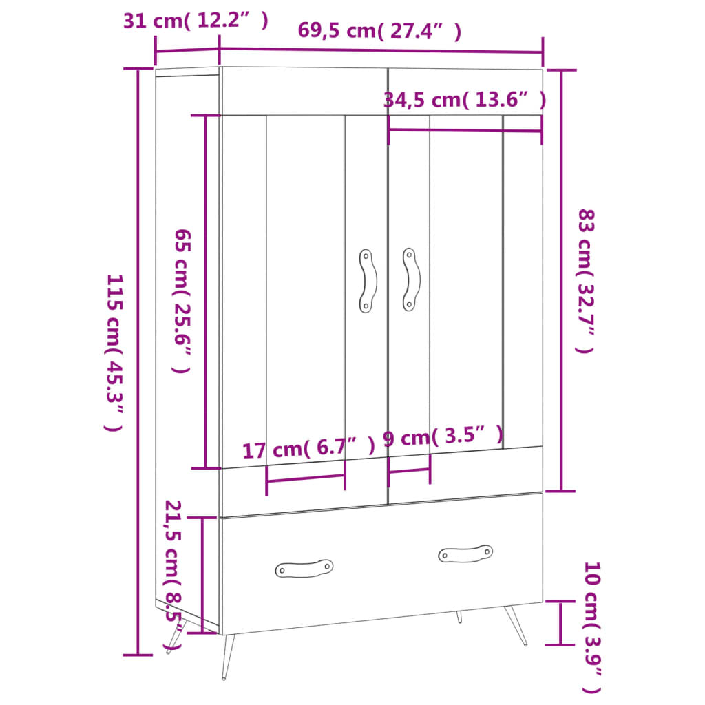 vidaXL Hoge kast 69,5x31x115 cm bewerkt hout wit