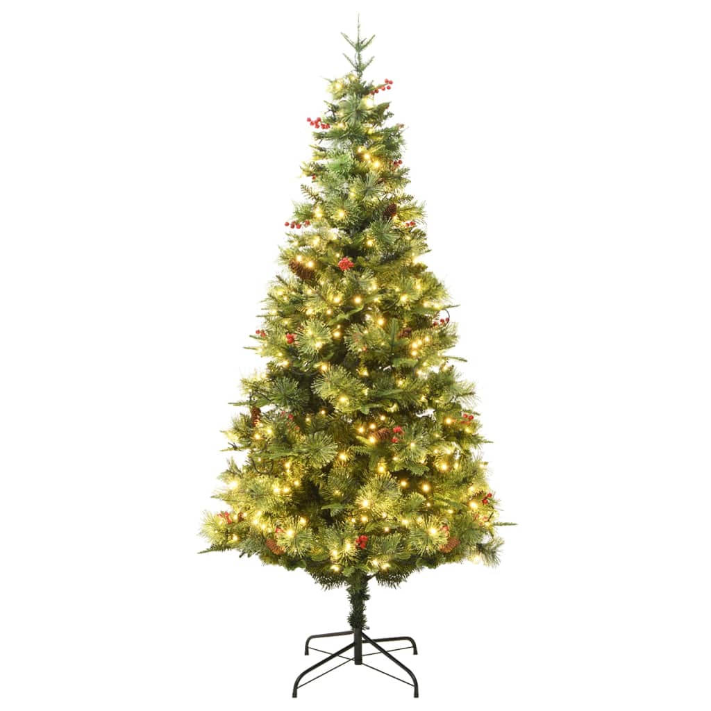 vidaXL Kerstboom met LED en dennenappels 225 cm PVC en PE groen