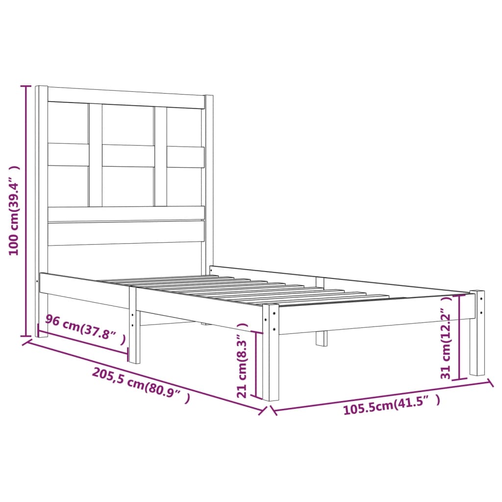 vidaXL Bedframe massief grenenhout zwart 100x200 cm