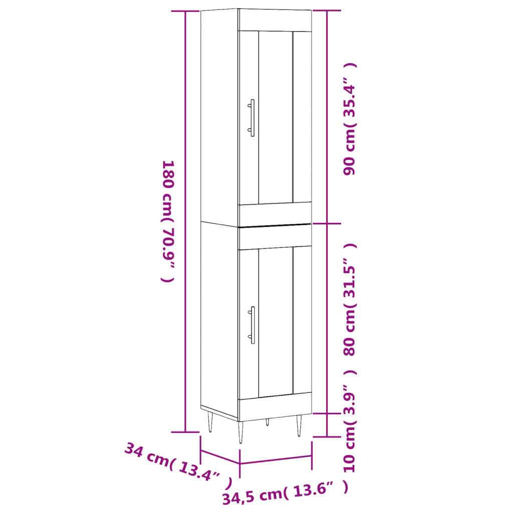 vidaXL Hoge kast 34,5x34x180 cm bewerkt hout zwart