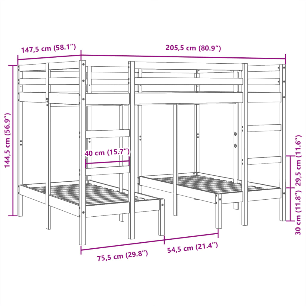 vidaXL Stapelbed 3-voudig grenenhout wit 140x200/70x140 cm