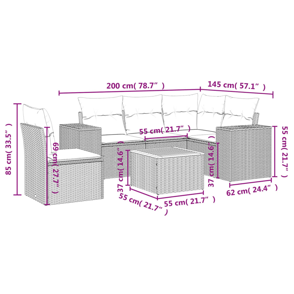 vidaXL 6-delige Loungeset met kussens poly rattan grijs