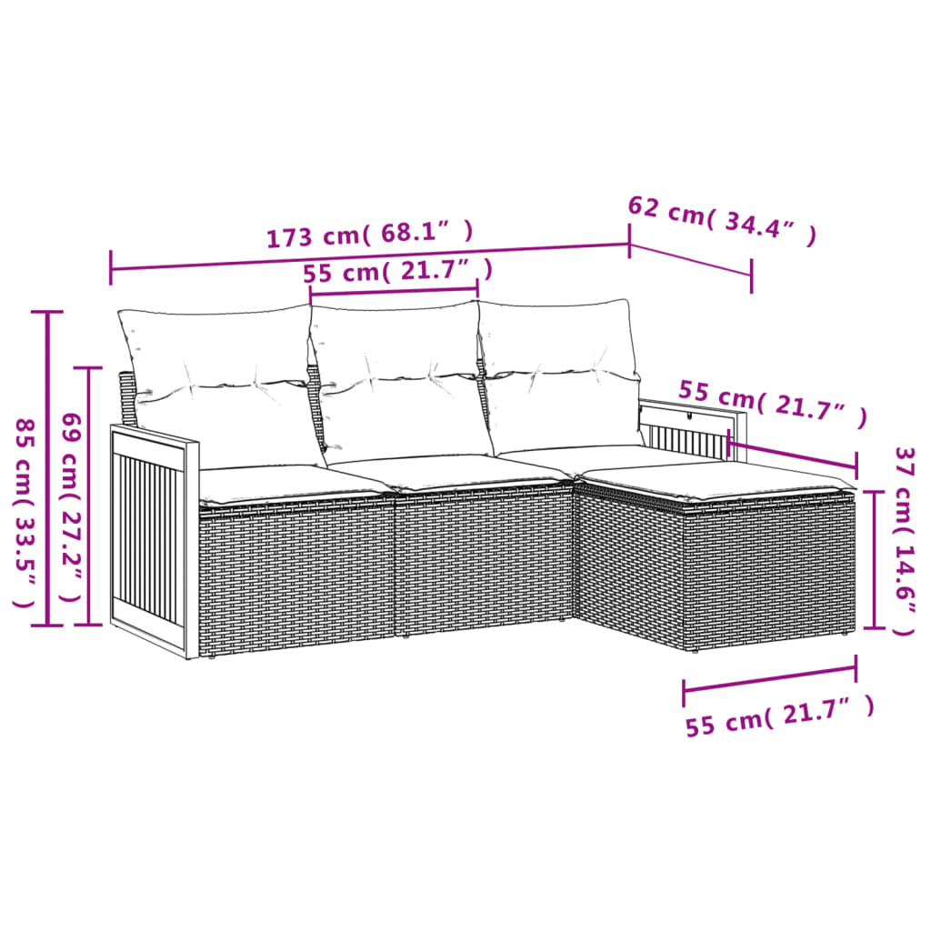 vidaXL 4-delige Loungeset met kussens poly rattan zwart