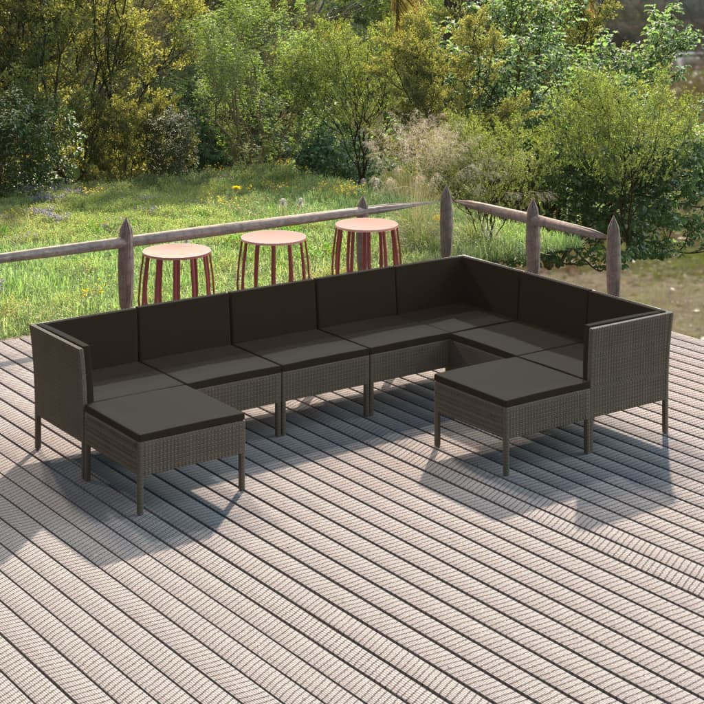 vidaXL 9-delige Loungeset met kussens poly rattan grijs