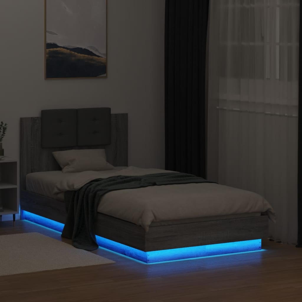 vidaXL Bedframe met hoofdbord en LED grijs sonoma eikenkleur 75x190 cm