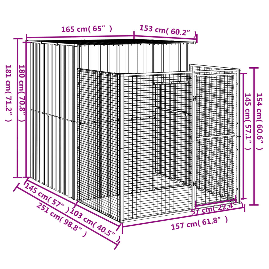 vidaXL Hondenhok met ren 165x251x181 cm gegalvaniseerd staal antraciet