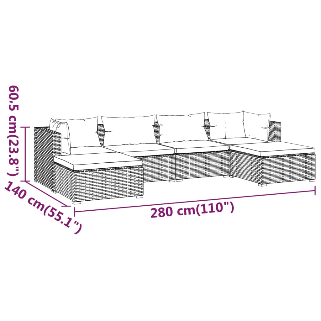 vidaXL 6-delige Loungeset met kussens poly rattan grijs