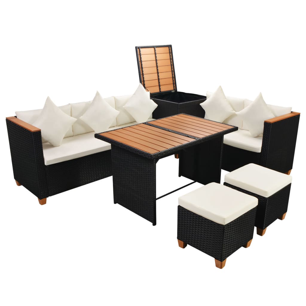 vidaXL 7-delige Loungeset met kussens poly rattan zwart