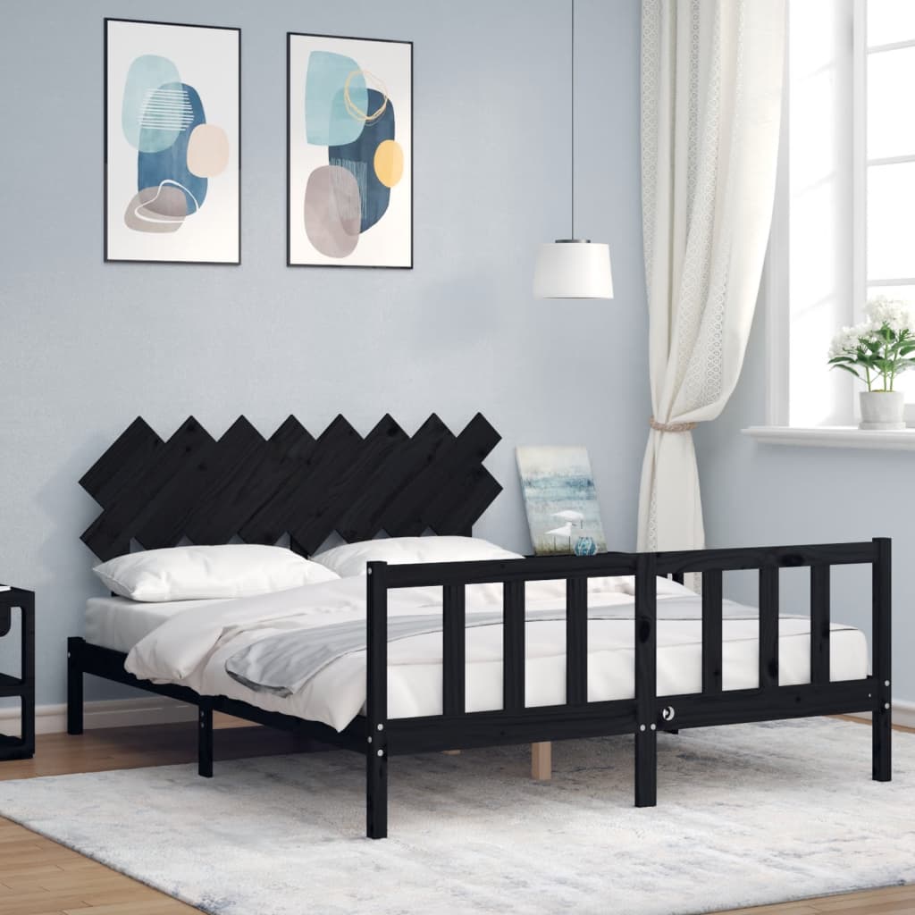 vidaXL Bedframe met hoofdbord massief hout zwart 160x200 cm