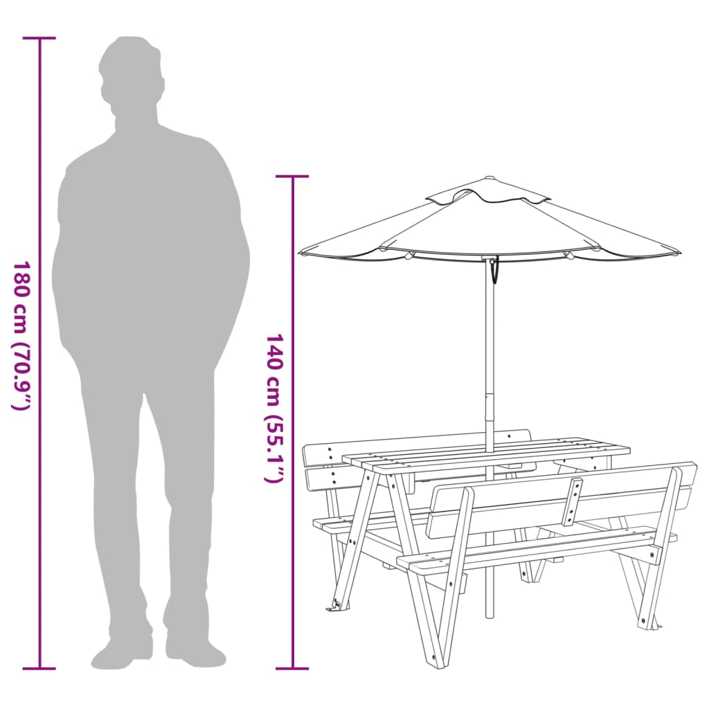 vidaXL Picknicktafel voor 4 kinderen met parasol massief vurenhout