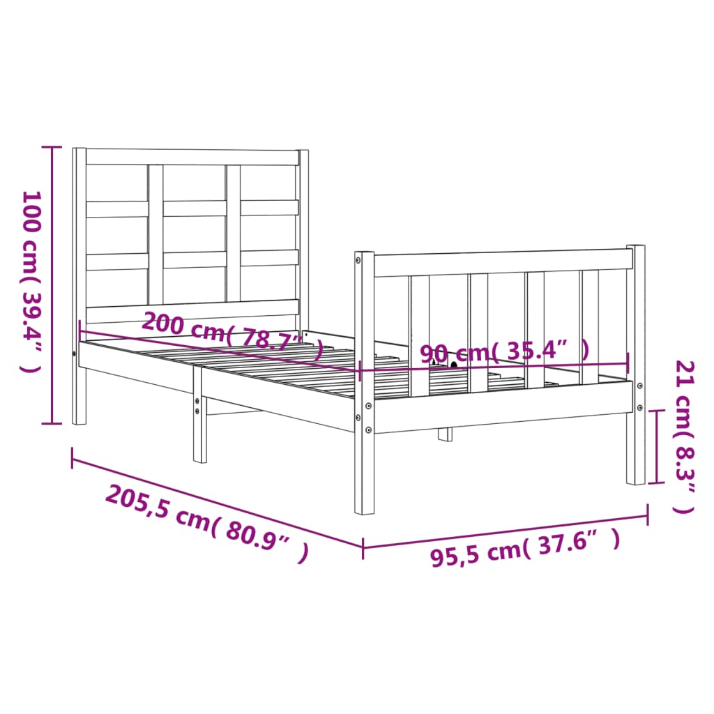 vidaXL Bedframe met hoofdbord massief hout wit 90x200 cm