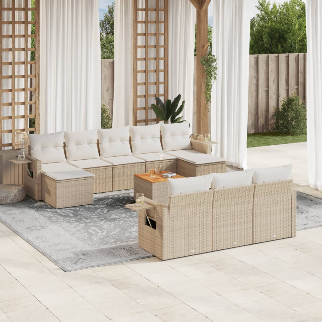 vidaXL 11-delige Tuinset met kussens poly rattan beige