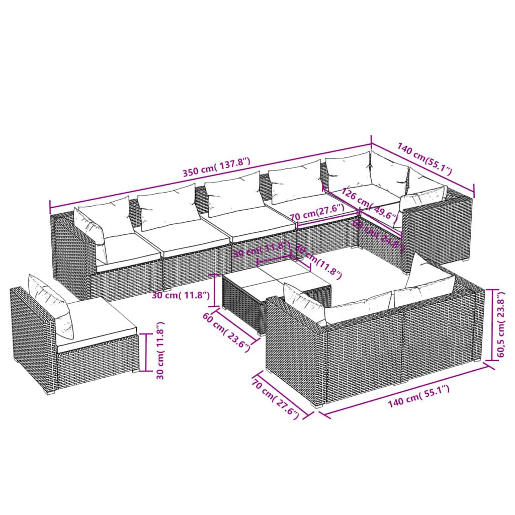 vidaXL 10-delige Loungeset met kussens poly rattan zwart